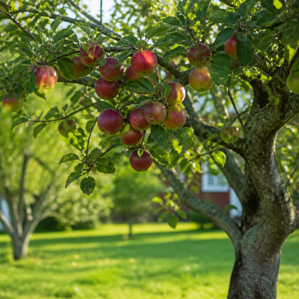 Fruktträd (äpple, päron, plommon) (Malus, Pyrus, Prunus) etablerat i trädgård