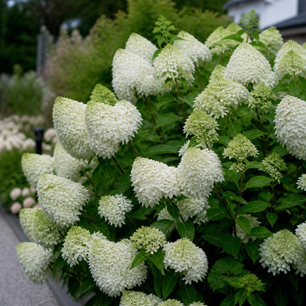 Vipphortensia (häck) (Hydrangea paniculata) i etablerad trädgård