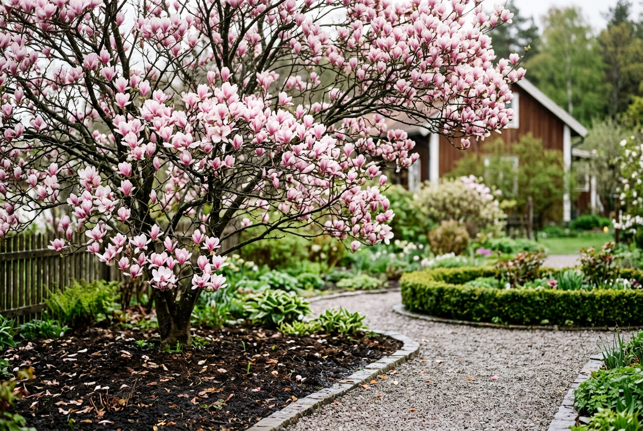 Magnolia (Magnolia spp.) etablerat i trädgård