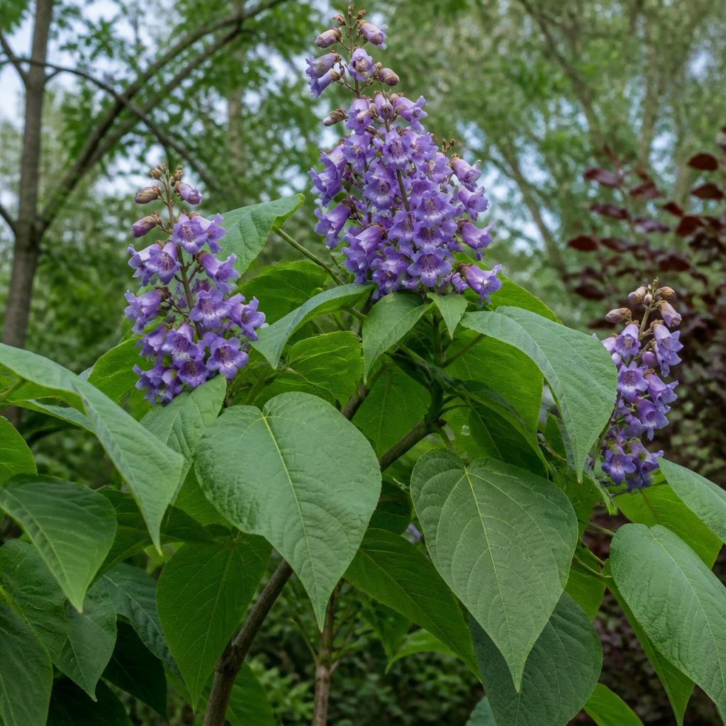 Kejsarträd (Paulownia) (Paulownia tomentosa) etablerat i trädgård