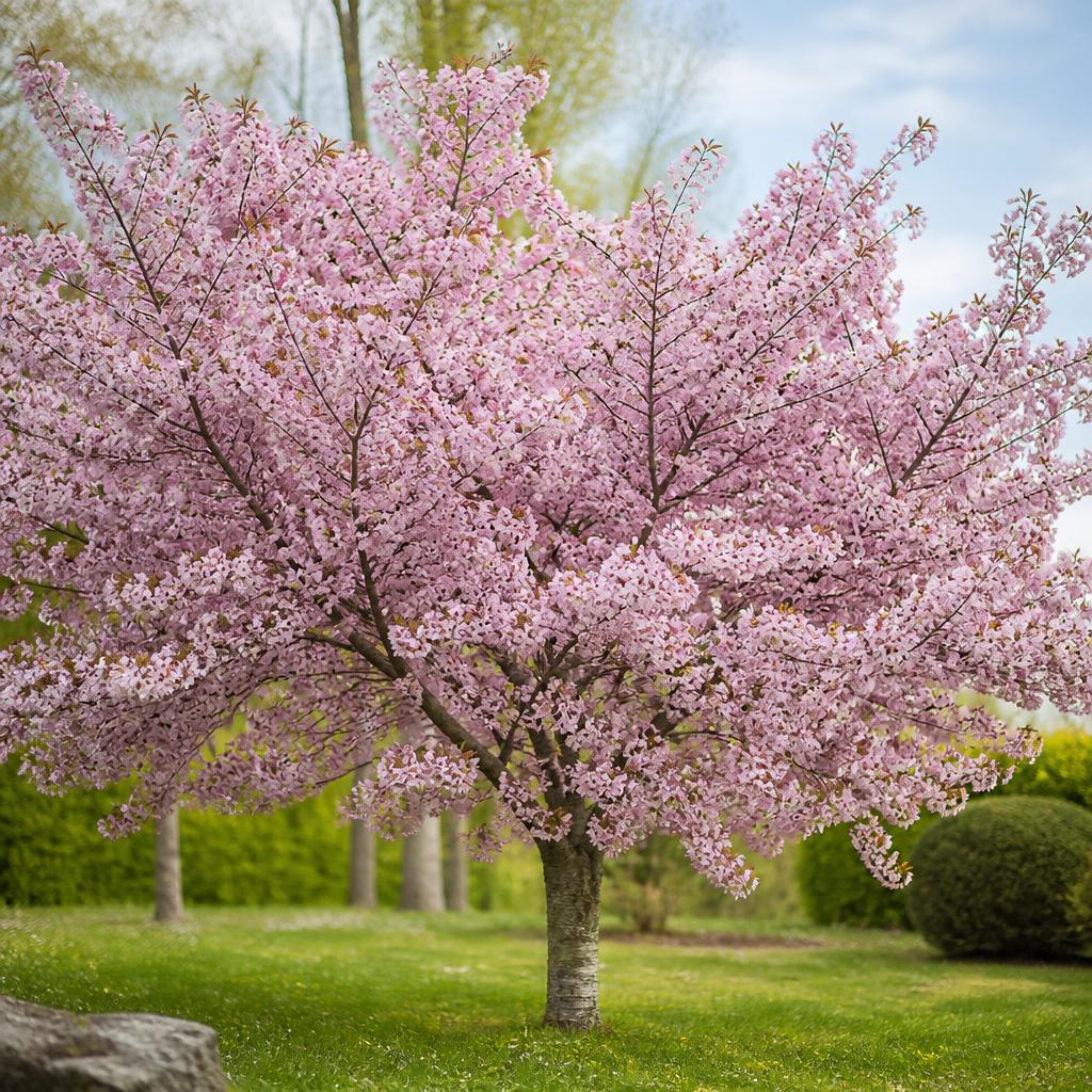 Prydnadskörsbär (Prunus serrulata / P. sargentii) etablerat i trädgård